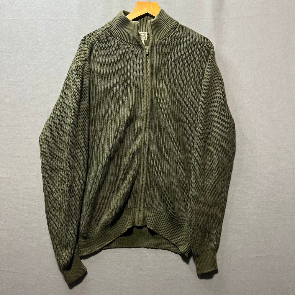 LL Bean Mens Medium Olive Green Full Zip Cotton Ribbed Knit Cardigan Sweater